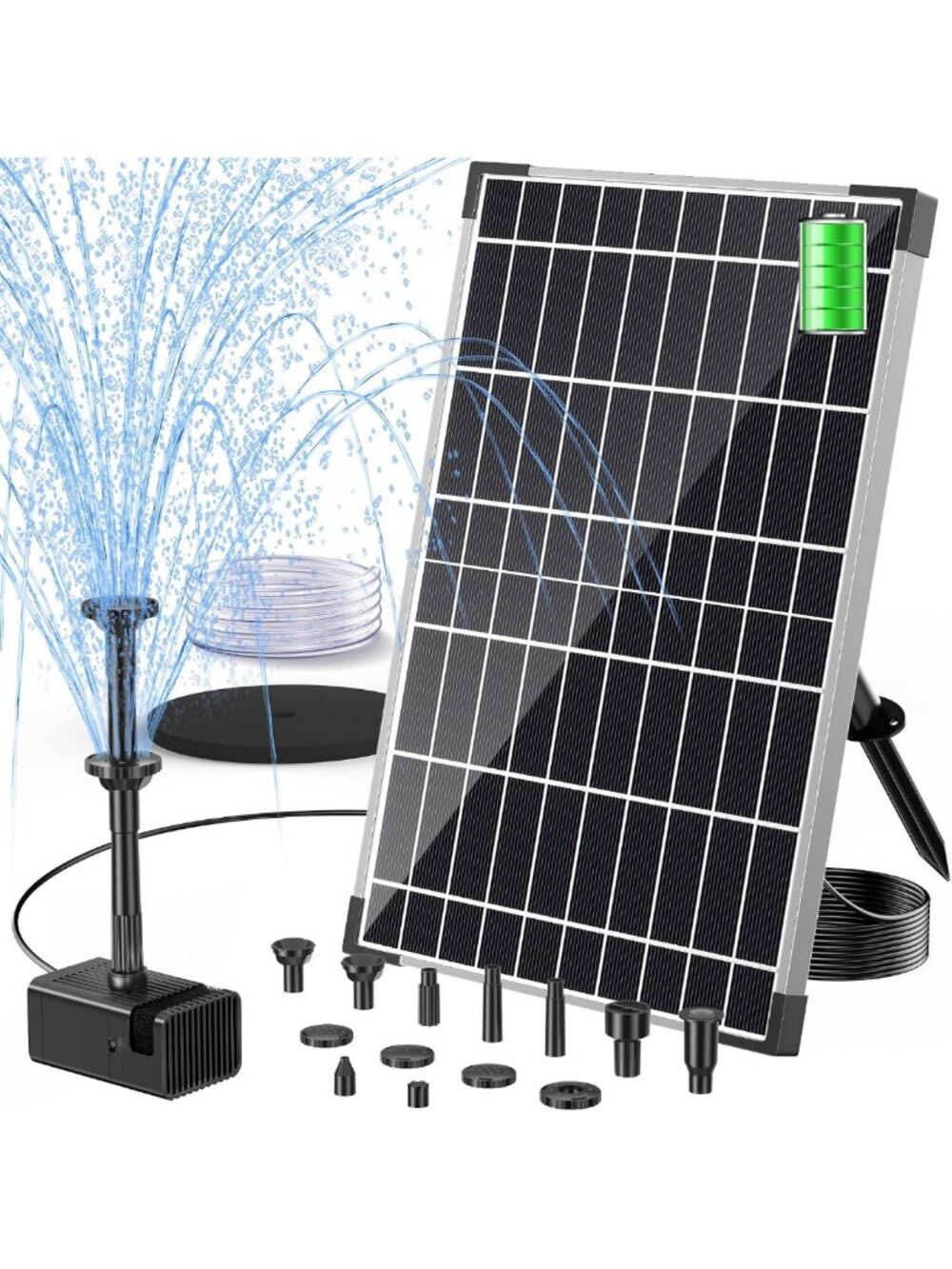 Solar Water Fountain Pump Kit, 12W Solar Pump with Battery Backup & 8 Nozzles